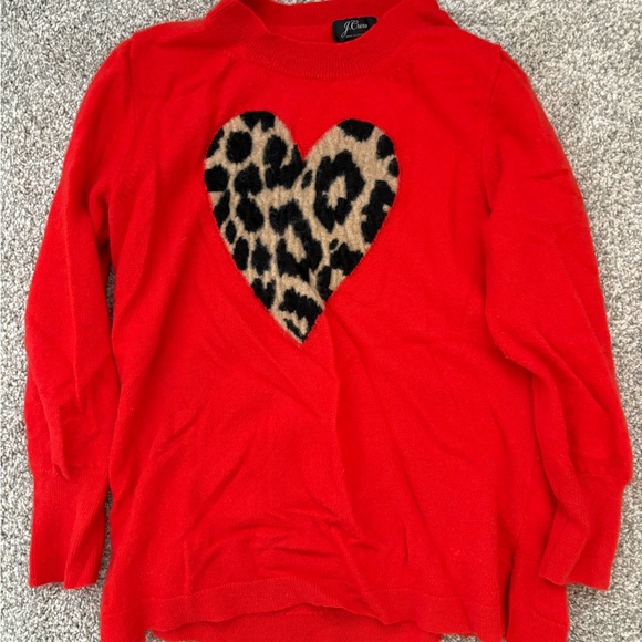 J. Crew Vibrant Red Sweater with Leopard Heart - Picture 1 of 2